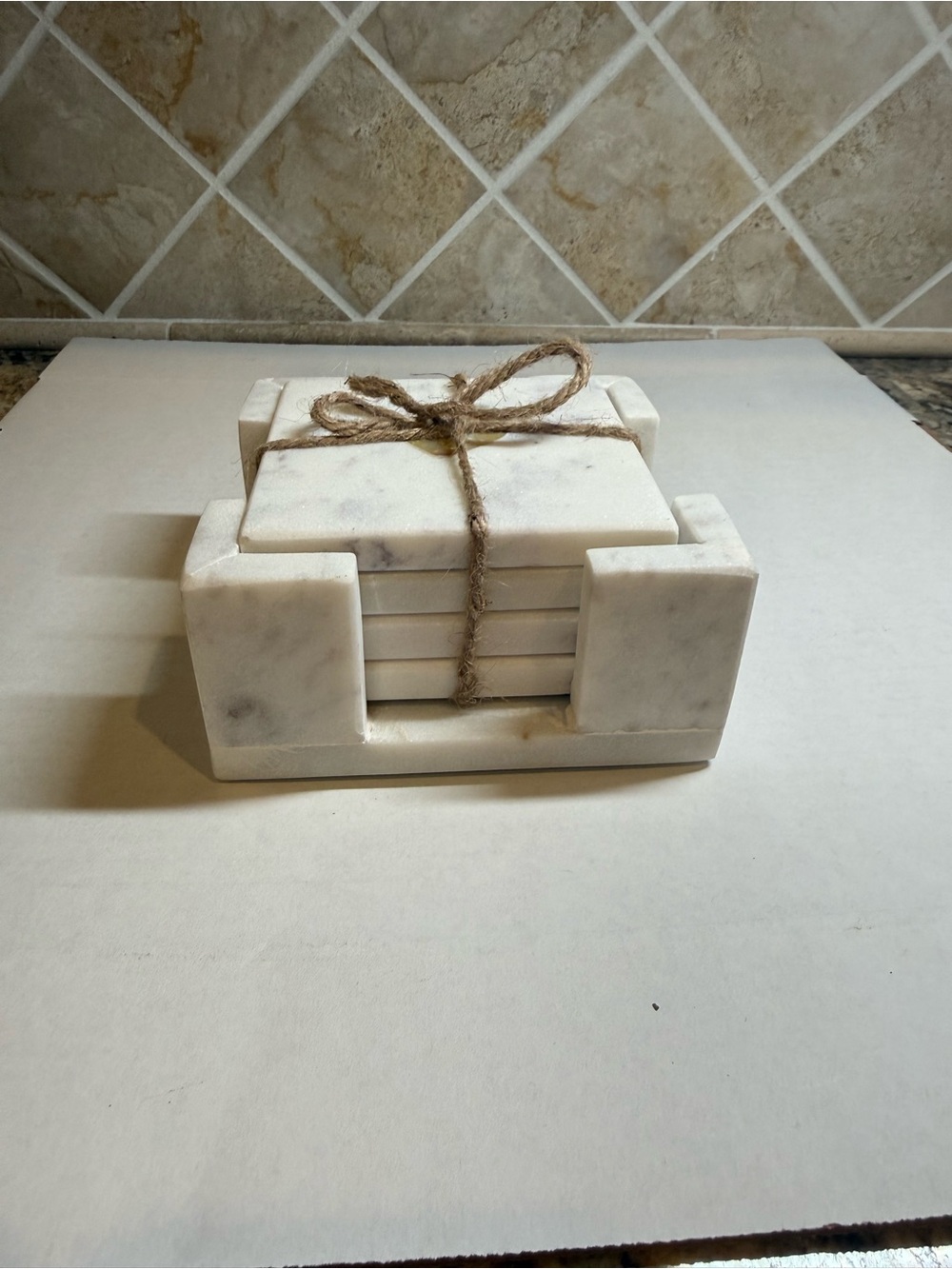 Creative Co-Op Set of 4 Square White Marble Coasters w/ Marble Holder India